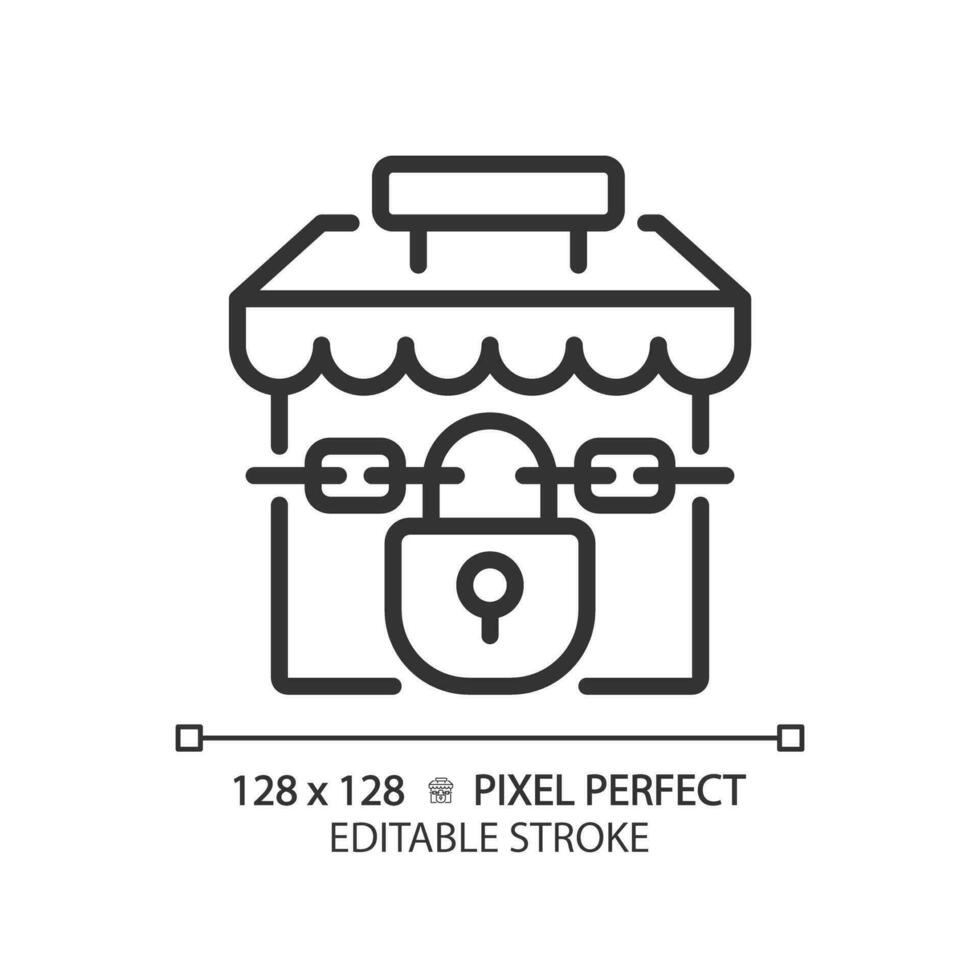 2d pixel Perfetto modificabile nero chiuso negozio icona, isolato semplice vettore, magro linea illustrazione che rappresentano economico crisi. vettore