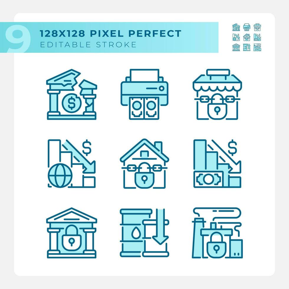 pixel Perfetto blu icone che rappresentano economico crisi, modificabile magro linea illustrazione impostare. vettore