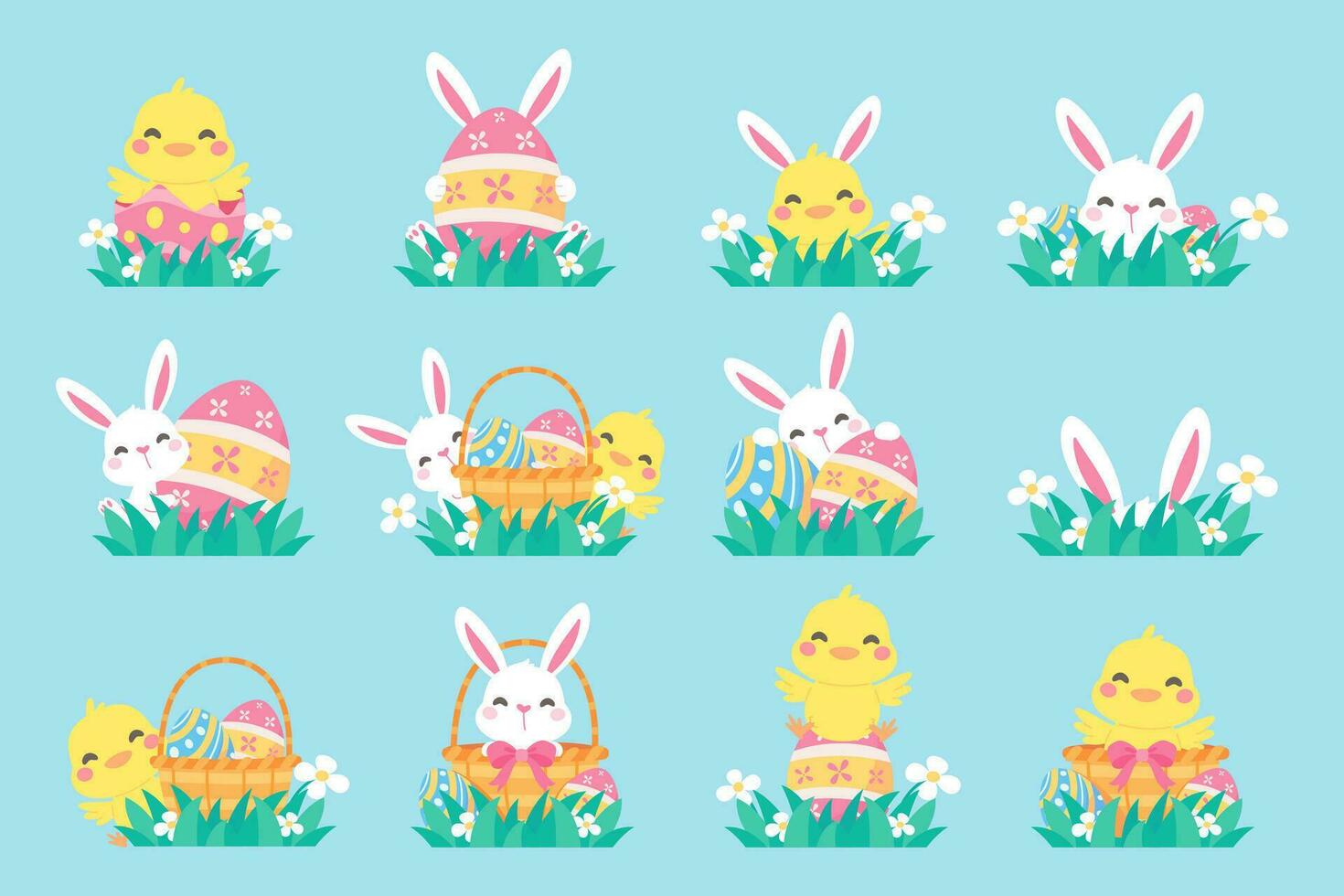 cartone animato pulcino con Pasqua uova nel il erba e Pasqua uovo ricerca attività con bambini. vettore