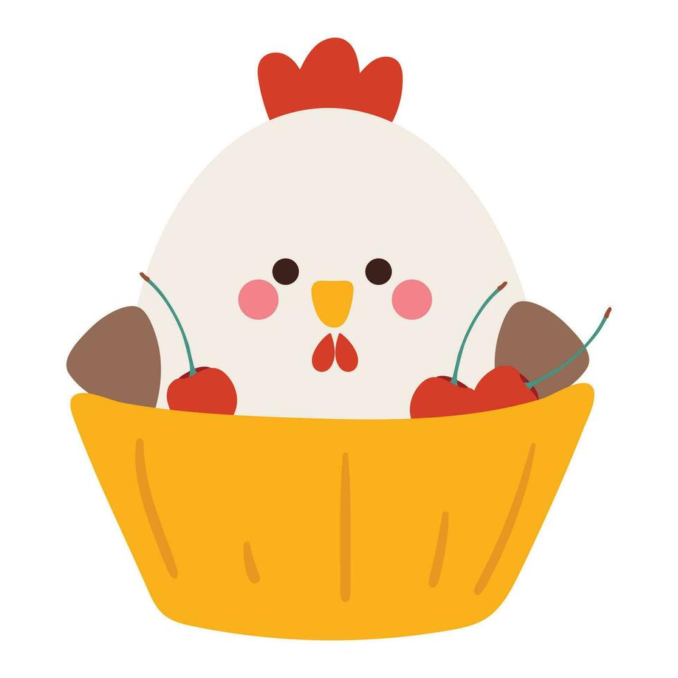 mano disegno cartone animato pollo dentro un' Cupcake tazza. carino animale scarabocchio vettore