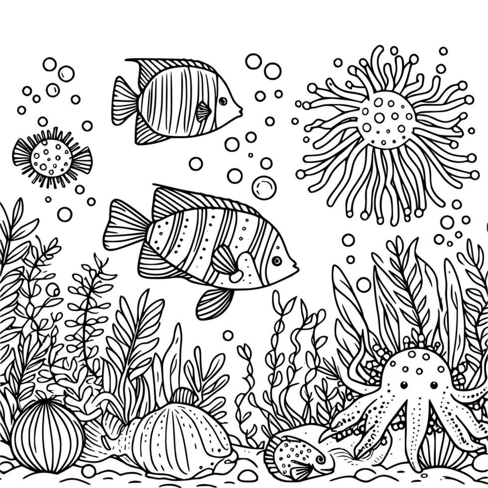 subacqueo mondo colorazione libro mano disegnato. oceano vita colorazione pagina nero e bianca vettore illustrazione