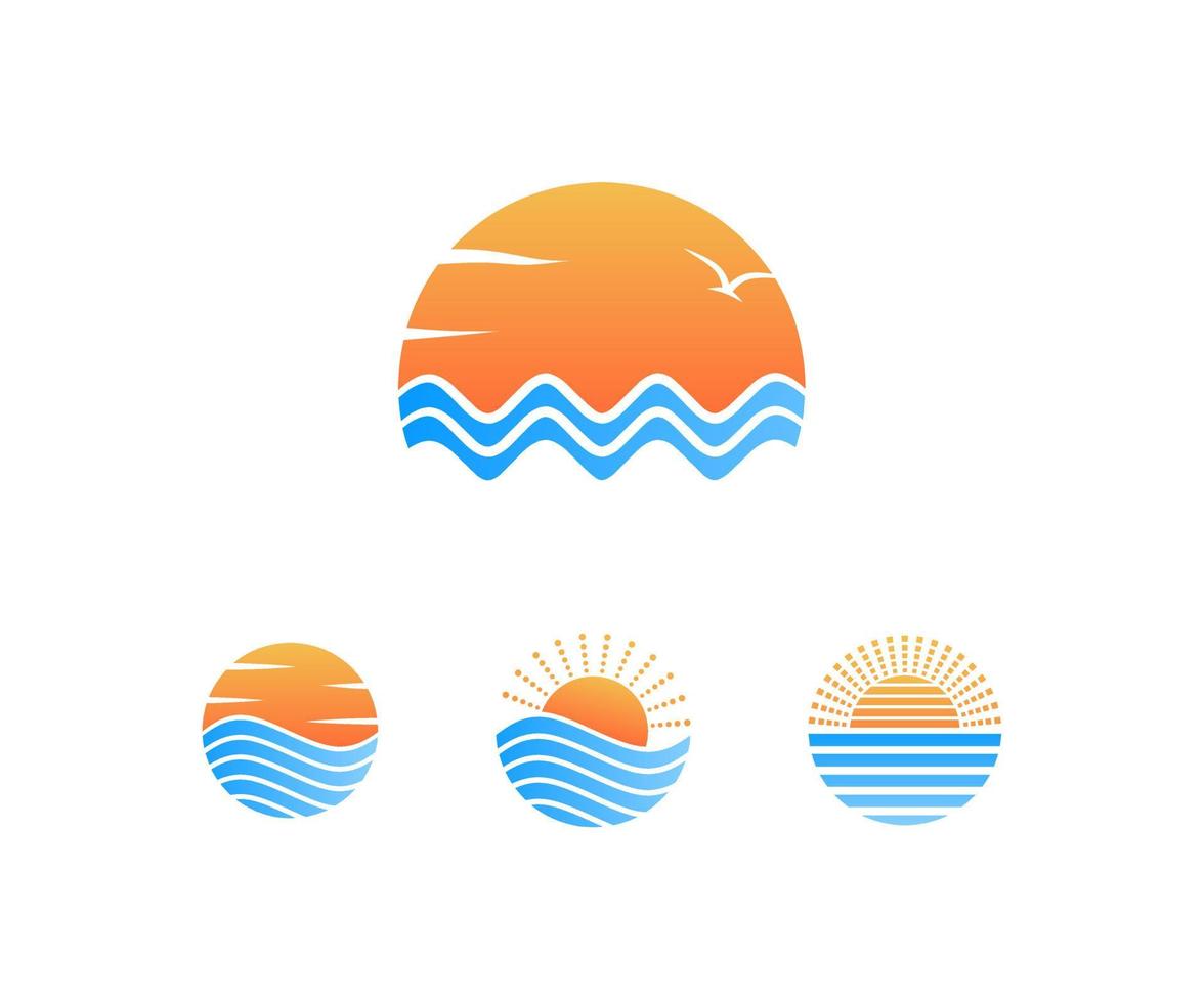 raccolta di modelli di elementi di design del logo del mare e del sole, icone di viaggio concept, alba o tramonto vettore