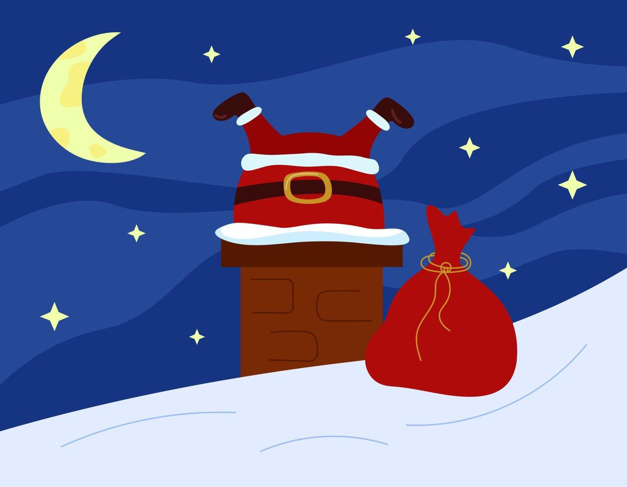 babbo natale bloccato nel camino sul tetto. biglietto di auguri di Natale divertente umorismo. cielo stellato e luna come sfondo. illustrazione vettoriale