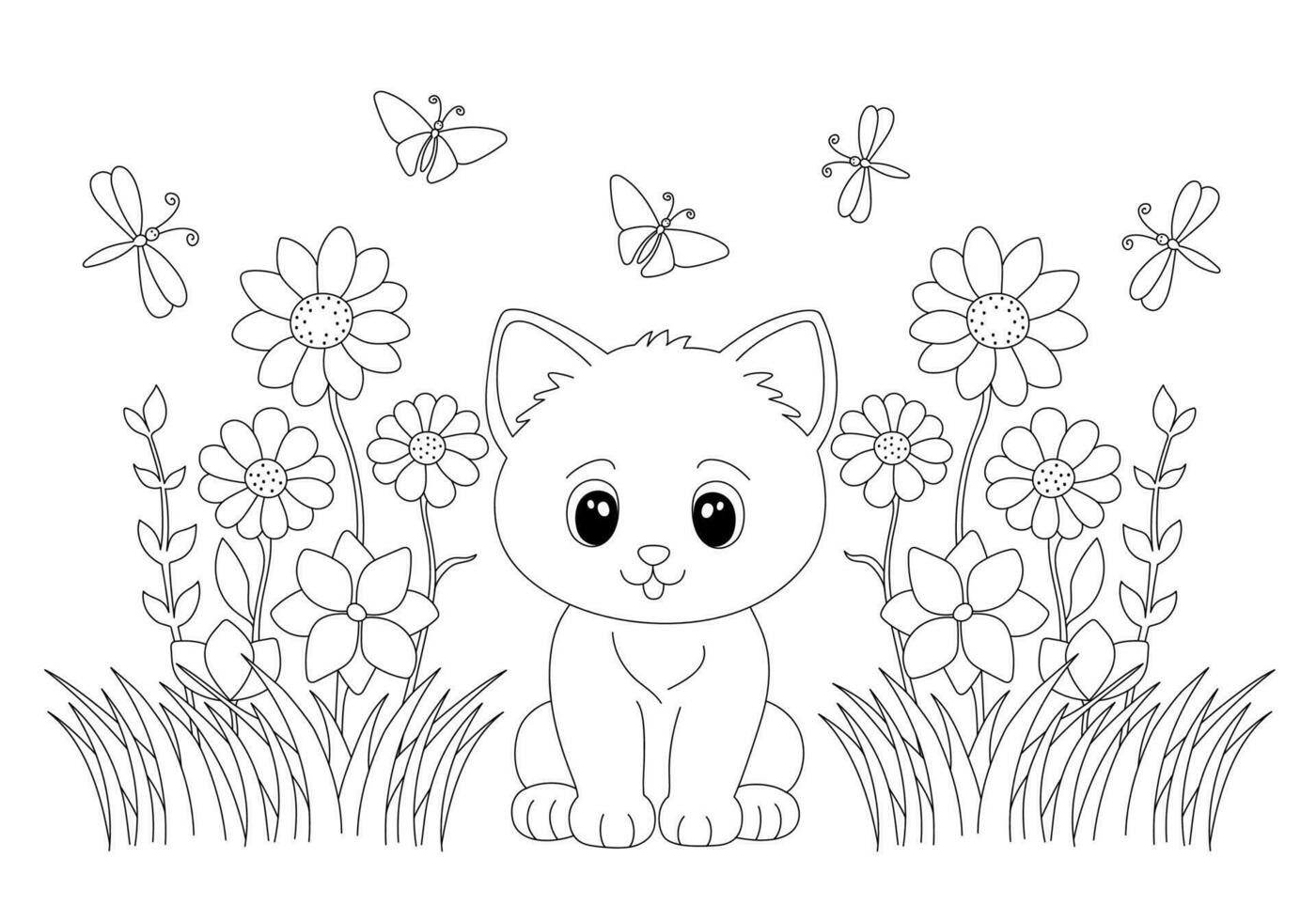 colorazione pagina con adorabile gattino nel erba e fiori. mano disegnato vettore sagomato nero e bianca illustrazione.