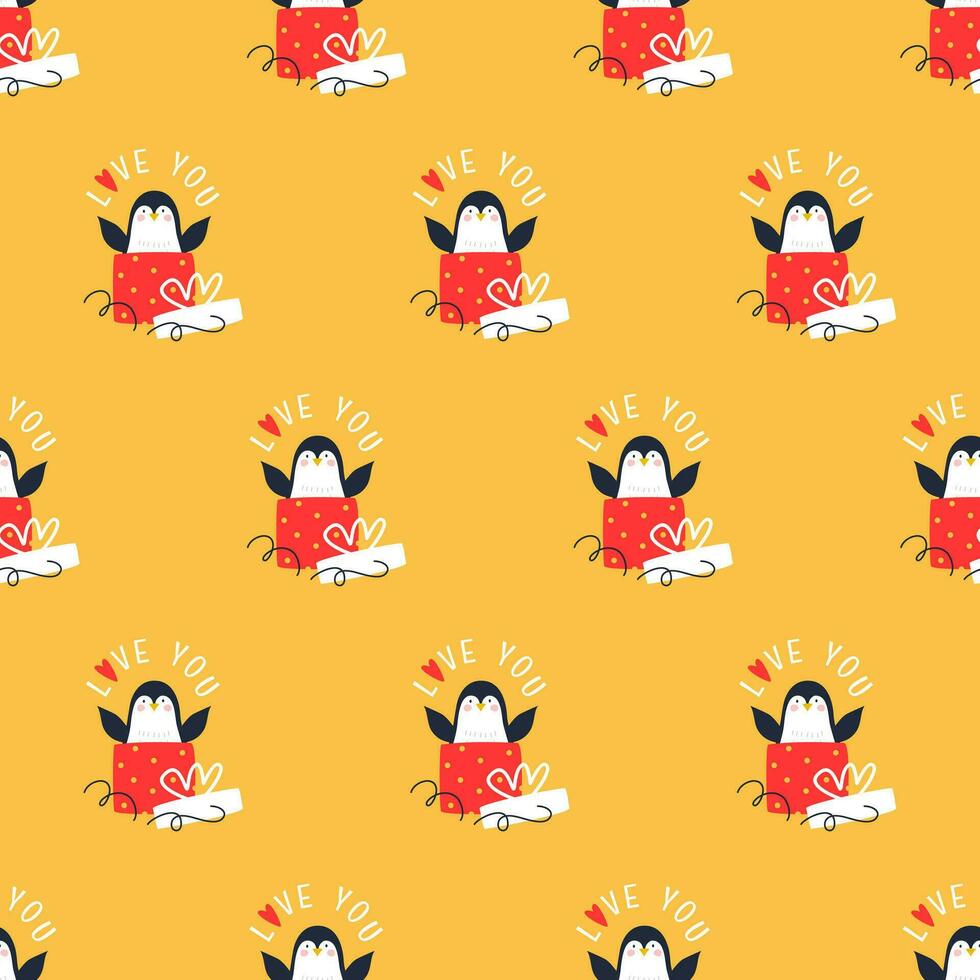 modello con carino pinguini e i regali su un' giallo sfondo. vettore illustrazione per San Valentino giorno e compleanno.