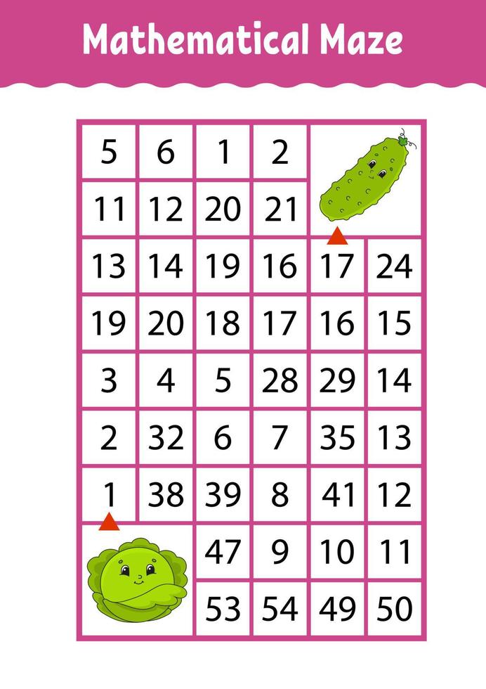 labirinto di matematica. gioco per bambini. labirinto divertente. foglio di lavoro per lo sviluppo dell'istruzione. pagina delle attività. puzzle per bambini. stile cartone animato carino. indovinello per la scuola materna. enigma logico. illustrazione vettoriale a colori.