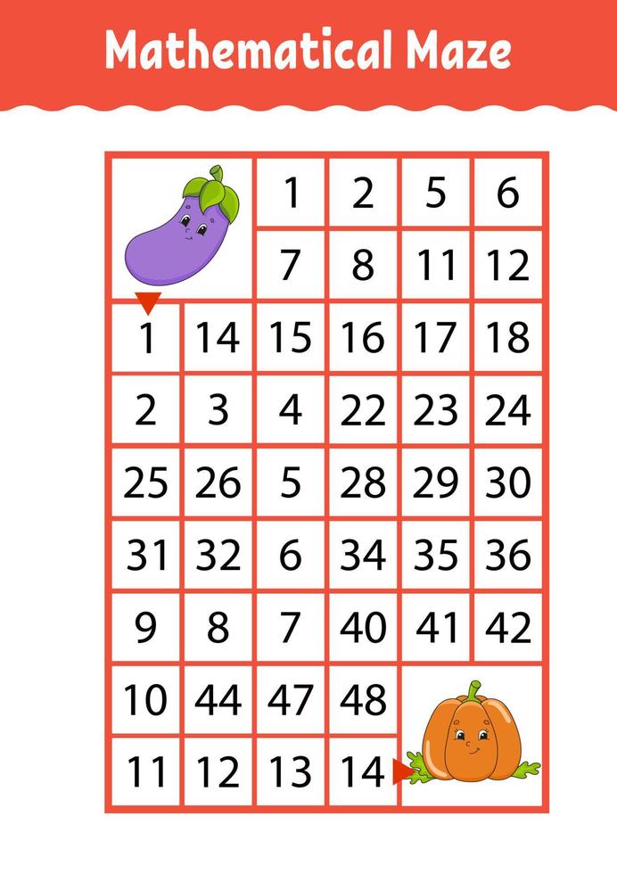 labirinto di matematica. gioco per bambini. labirinto divertente. foglio di lavoro per lo sviluppo dell'istruzione. pagina delle attività. puzzle per bambini. stile cartone animato carino. indovinello per la scuola materna. enigma logico. illustrazione vettoriale a colori.