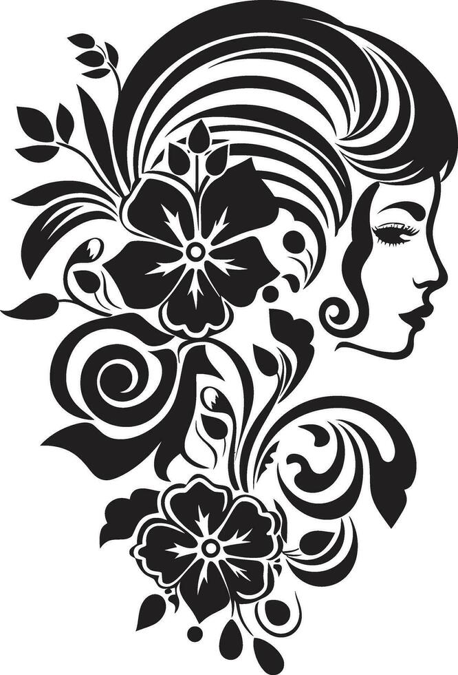 elegante fioriture personaggio donna vettore design pulito floreale bellezza nero mano disegnato icona