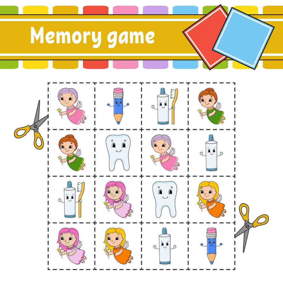 gioco di memoria per bambini. foglio di lavoro per lo sviluppo dell'istruzione. pagina delle attività con immagini. gioco di puzzle per bambini. formazione al pensiero logico. illustrazione vettoriale isolato. personaggio divertente. stile cartone animato.