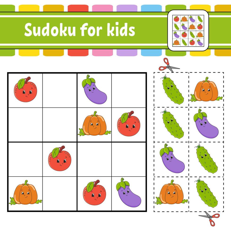 sudoku per bambini. foglio di lavoro per lo sviluppo dell'istruzione. pagina delle attività con immagini. gioco di puzzle per bambini. formazione al pensiero logico. illustrazione vettoriale isolato. personaggio divertente. stile cartone animato.