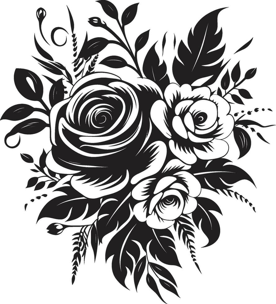 elegante petalo fusione decorativo nero icona maestoso floreale mazzolino di fiori nero vettore mazzo