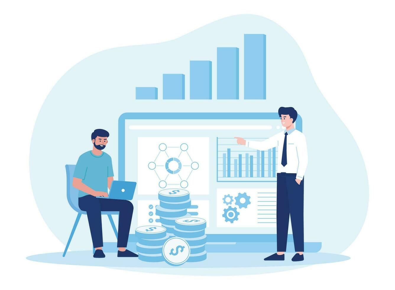 uomo d'affari mostrando grafico. azione finanziario commercio mercato diagramma. concetto piatto illustrazione vettore