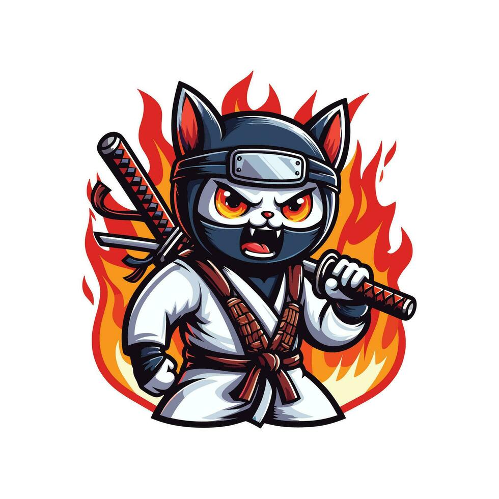 arrabbiato ninja gatto illustrazione vettore