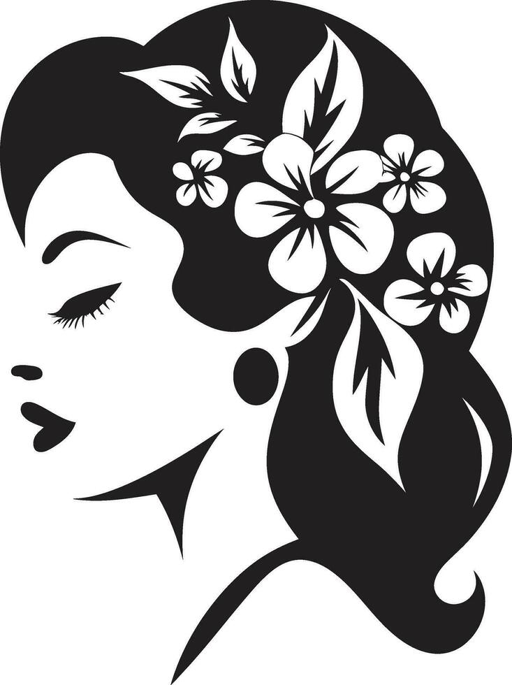elegante fioriture personaggio donna vettore design pulito floreale bellezza nero mano disegnato icona