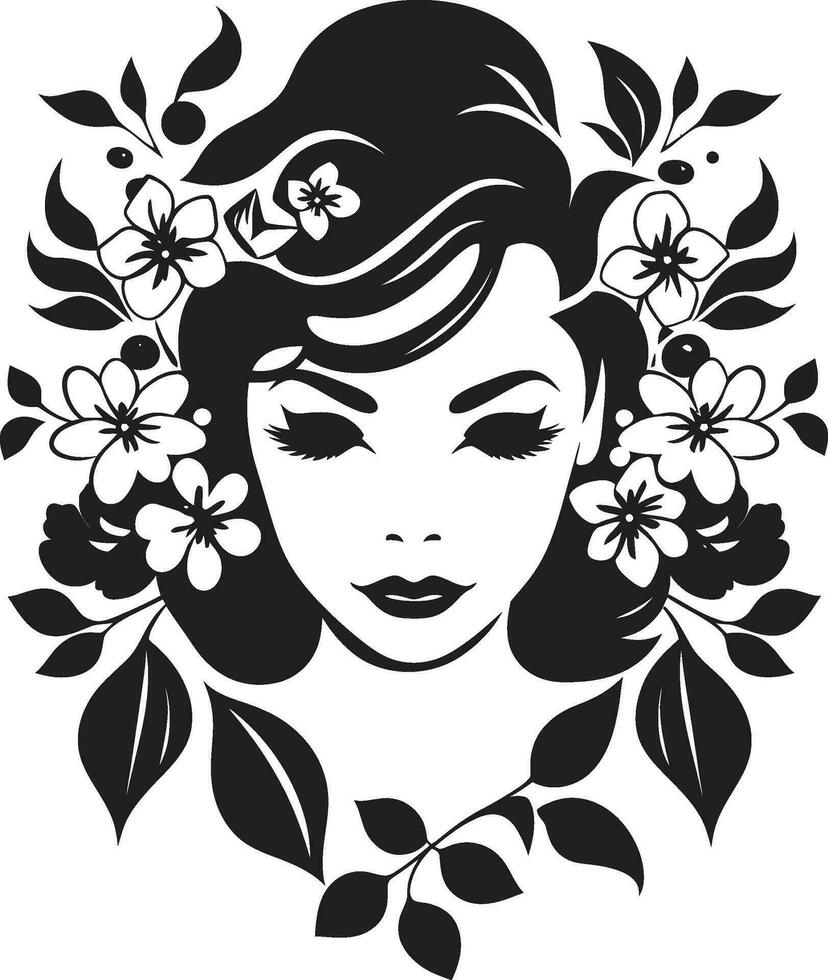 elegante flora fusione nero vettore signora emblema grazioso fioritura ritratto artistico floreale donna icona