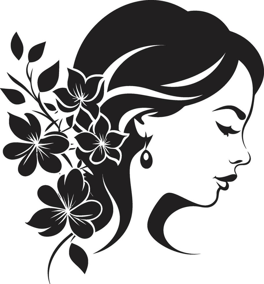 grazioso fioritura ritratto artistico floreale donna icona elegante petalo armonia nero vettore viso design