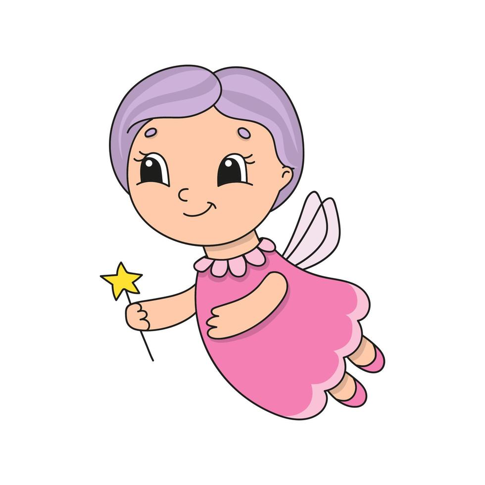 fata carina con i capelli viola. illustrazione vettoriale piatto carino in stile cartone animato infantile. personaggio divertente. isolato su sfondo bianco.