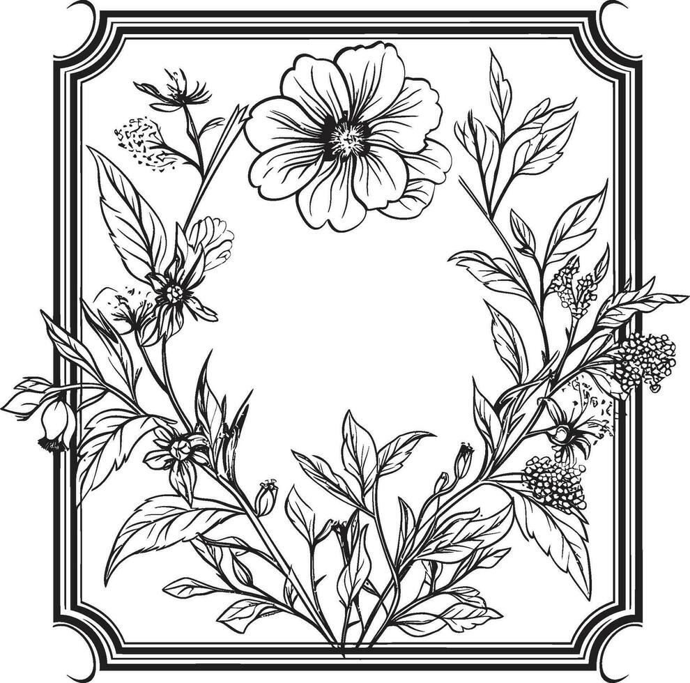 incantevole mazzo nero telaio logo intricato botanica floreale vettore icona design