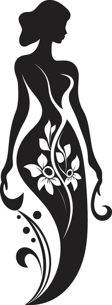 moderno fiorito personaggio nero donna emblema artistico floreale abbigliamento elegante vettore emblema