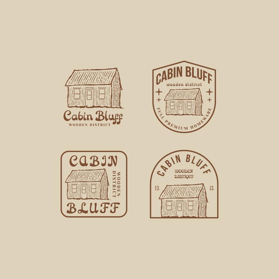 Bundle set cabina in collina logo design illustrazione vettoriale con stili vintage, retrò e timbro. silhouette vintage hill house logo illustrazione con pennello line art.