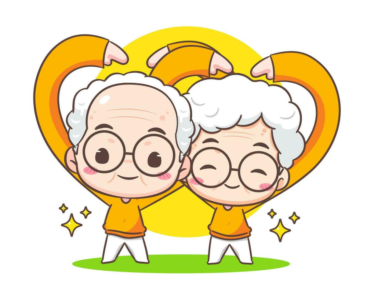 carino coppia nonni mostrare amore cartello. Nonno e nonna cartone animato carattere. contento vecchio coppia. chibi vettore stile. isolato bianca sfondo
