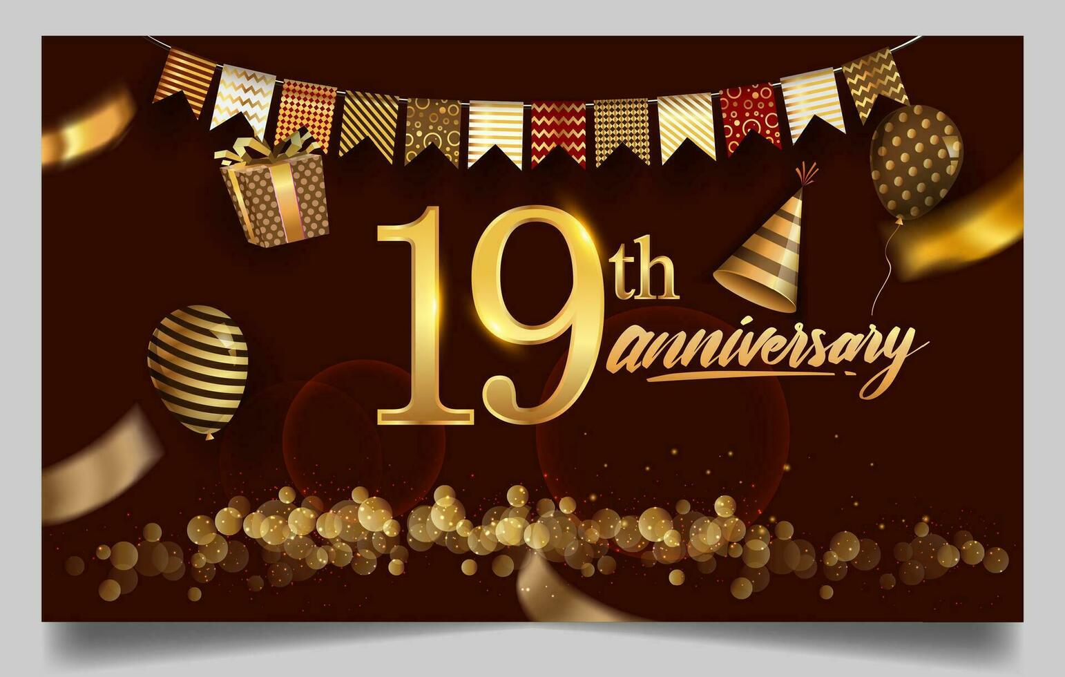 50 ° anni anniversario design per saluto carte e invito, con Palloncino, coriandoli e regalo scatola, elegante design con oro e buio colore, design modello per compleanno celebrazione. vettore