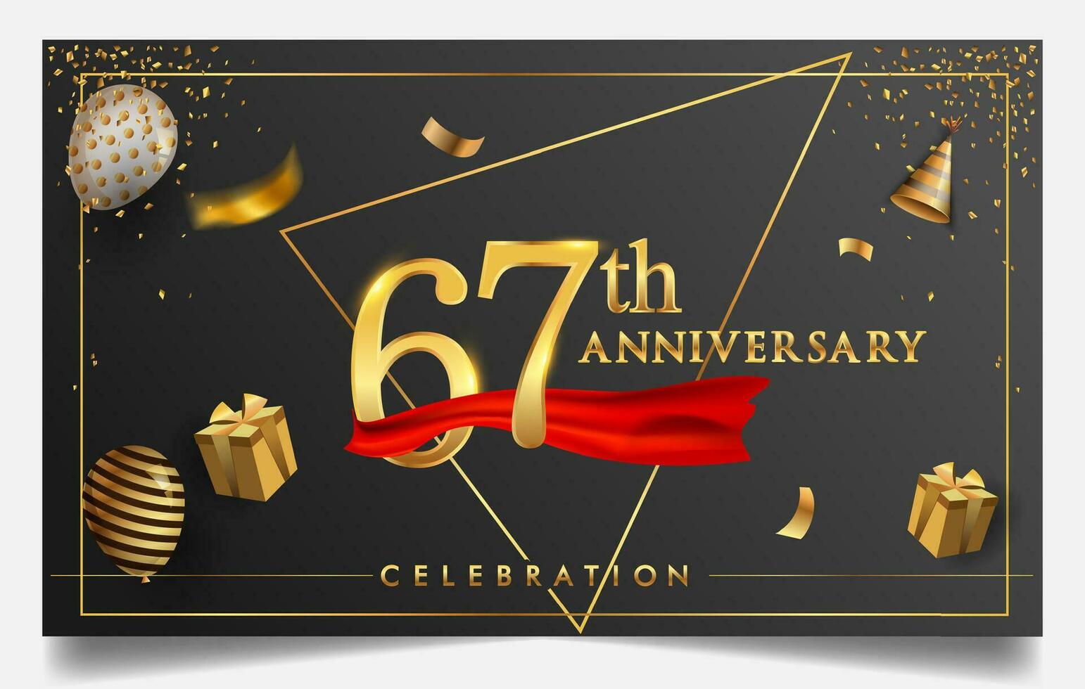 60 ° anni anniversario design per saluto carte e invito, con Palloncino, coriandoli e regalo scatola, elegante design con oro e buio colore, design modello per compleanno celebrazione. vettore