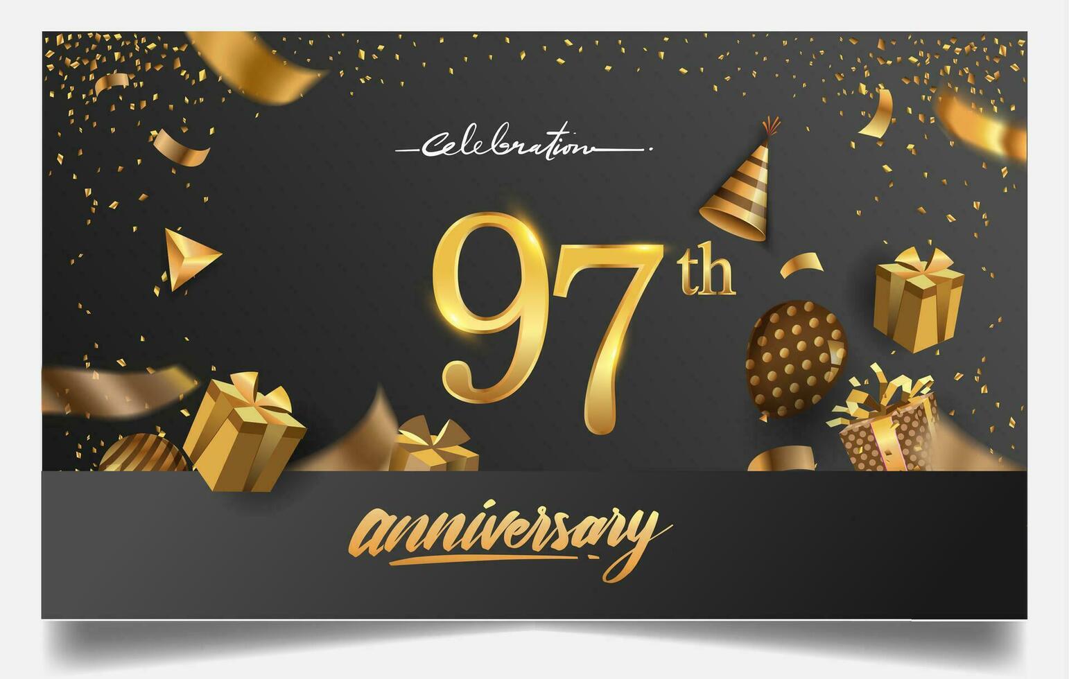 90 ° anni anniversario design per saluto carte e invito, con Palloncino, coriandoli e regalo scatola, elegante design con oro e buio colore, design modello per compleanno celebrazione. vettore