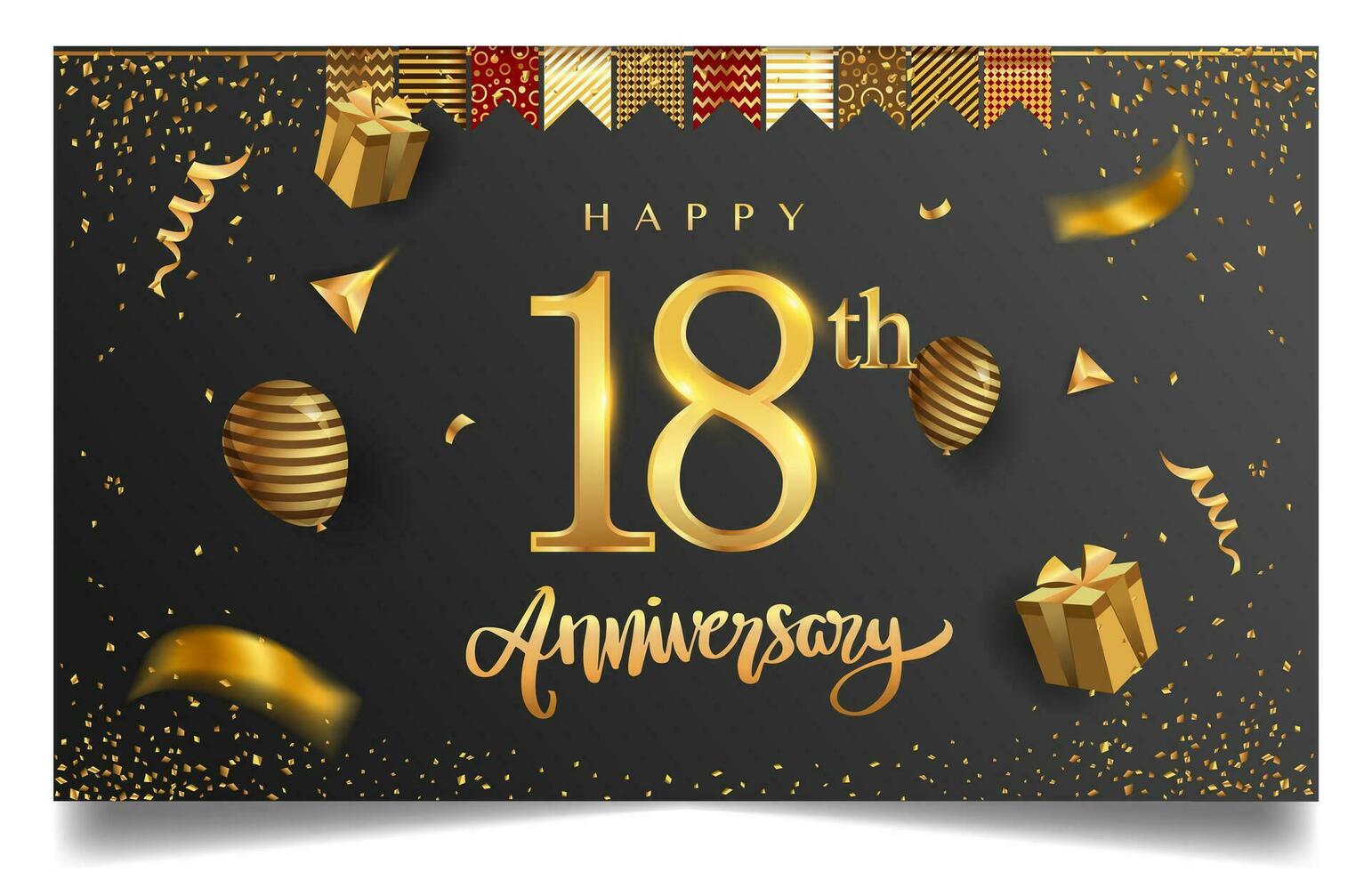 50 ° anni anniversario design per saluto carte e invito, con Palloncino, coriandoli e regalo scatola, elegante design con oro e buio colore, design modello per compleanno celebrazione. vettore