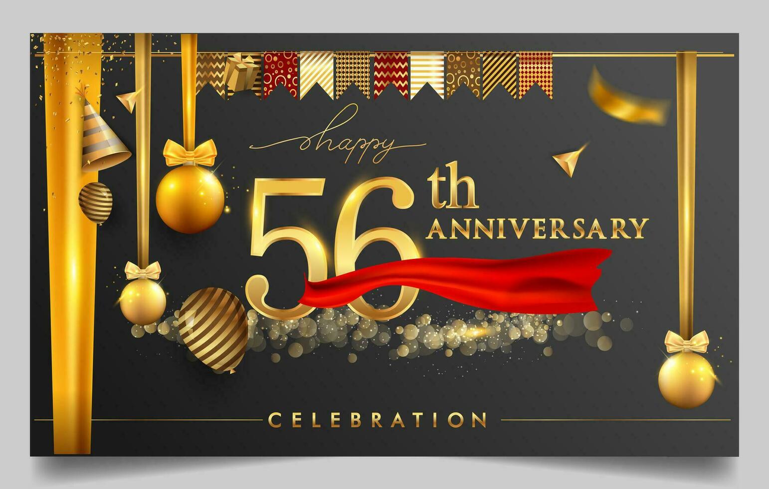 50 ° anni anniversario design per saluto carte e invito, con Palloncino, coriandoli e regalo scatola, elegante design con oro e buio colore, design modello per compleanno celebrazione. vettore