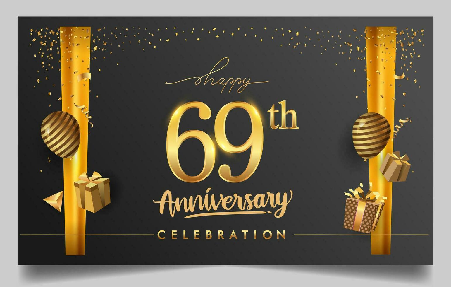 60 ° anni anniversario design per saluto carte e invito, con Palloncino, coriandoli e regalo scatola, elegante design con oro e buio colore, design modello per compleanno celebrazione. vettore