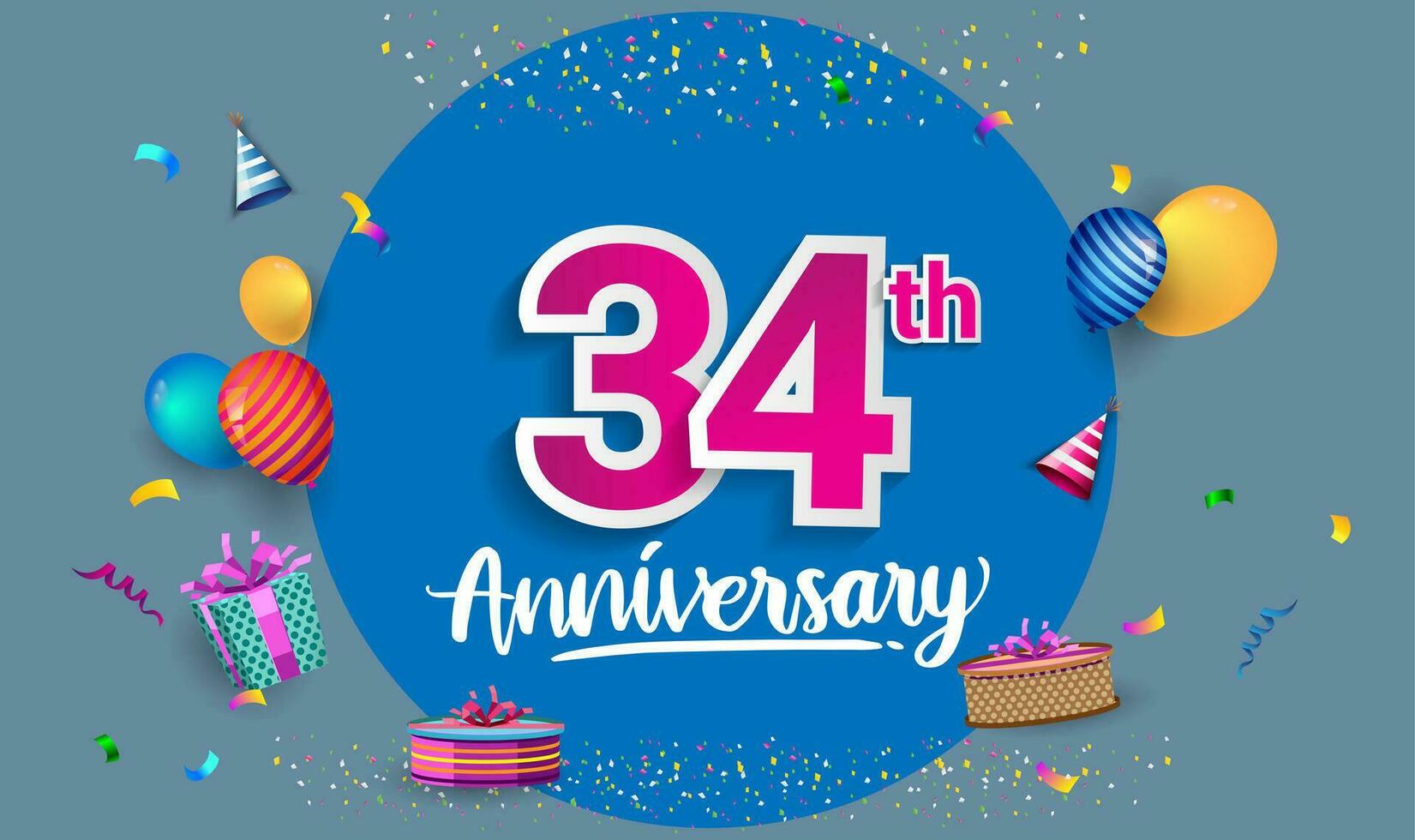 34th anni anniversario celebrazione disegno, con regalo scatola e palloncini, nastro, colorato vettore modello elementi per il tuo compleanno festeggiare festa.