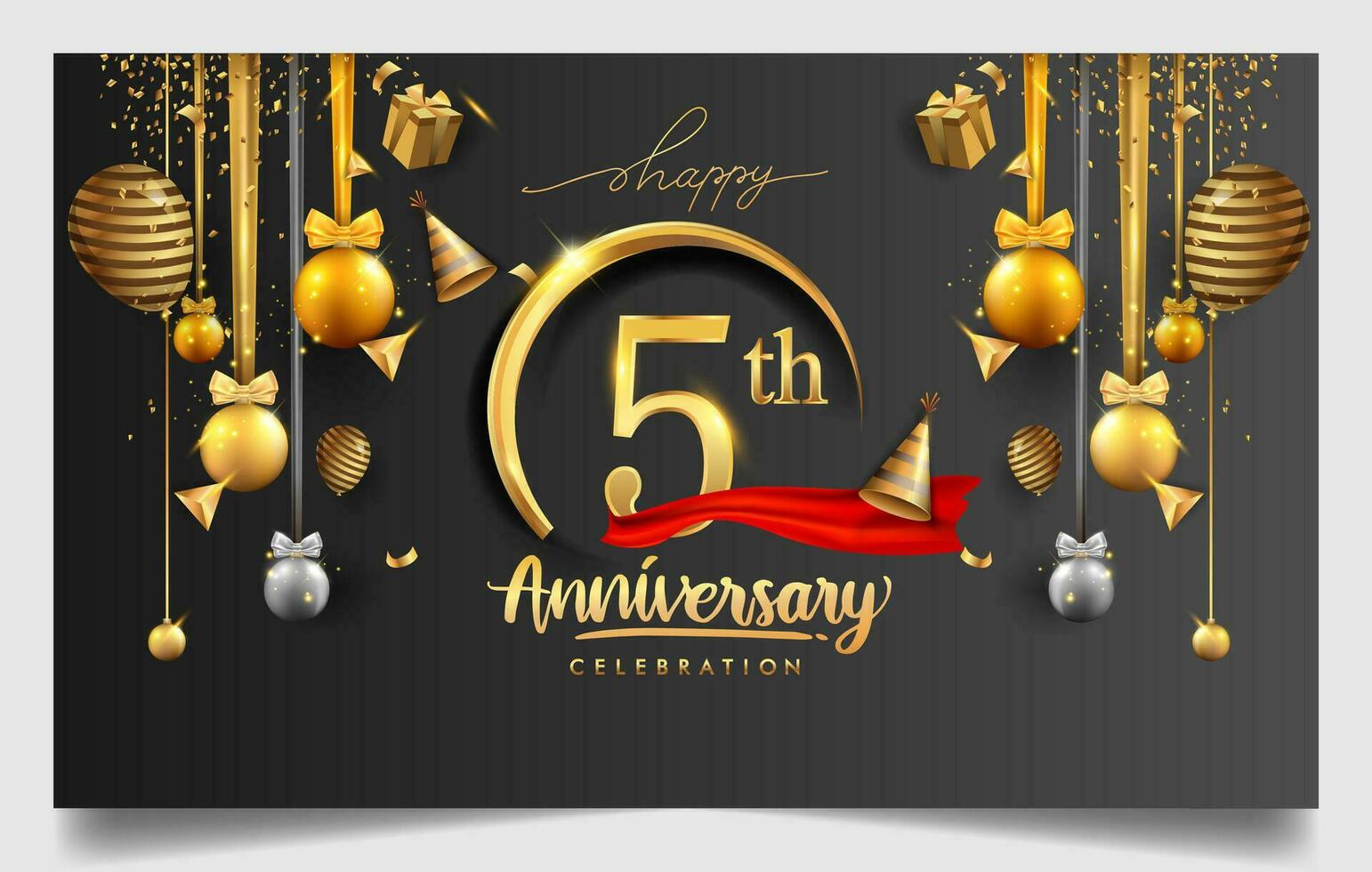 50 ° anni anniversario design per saluto carte e invito, con Palloncino, coriandoli e regalo scatola, elegante design con oro e buio colore, design modello per compleanno celebrazione. vettore