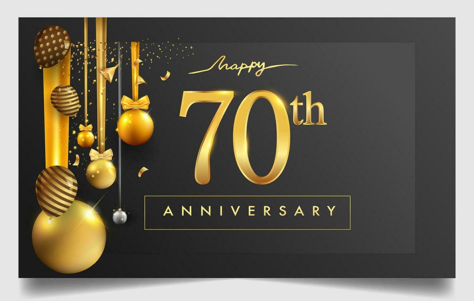 70 ° anni anniversario design per saluto carte e invito, con Palloncino, coriandoli e regalo scatola, elegante design con oro e buio colore, design modello per compleanno celebrazione. vettore