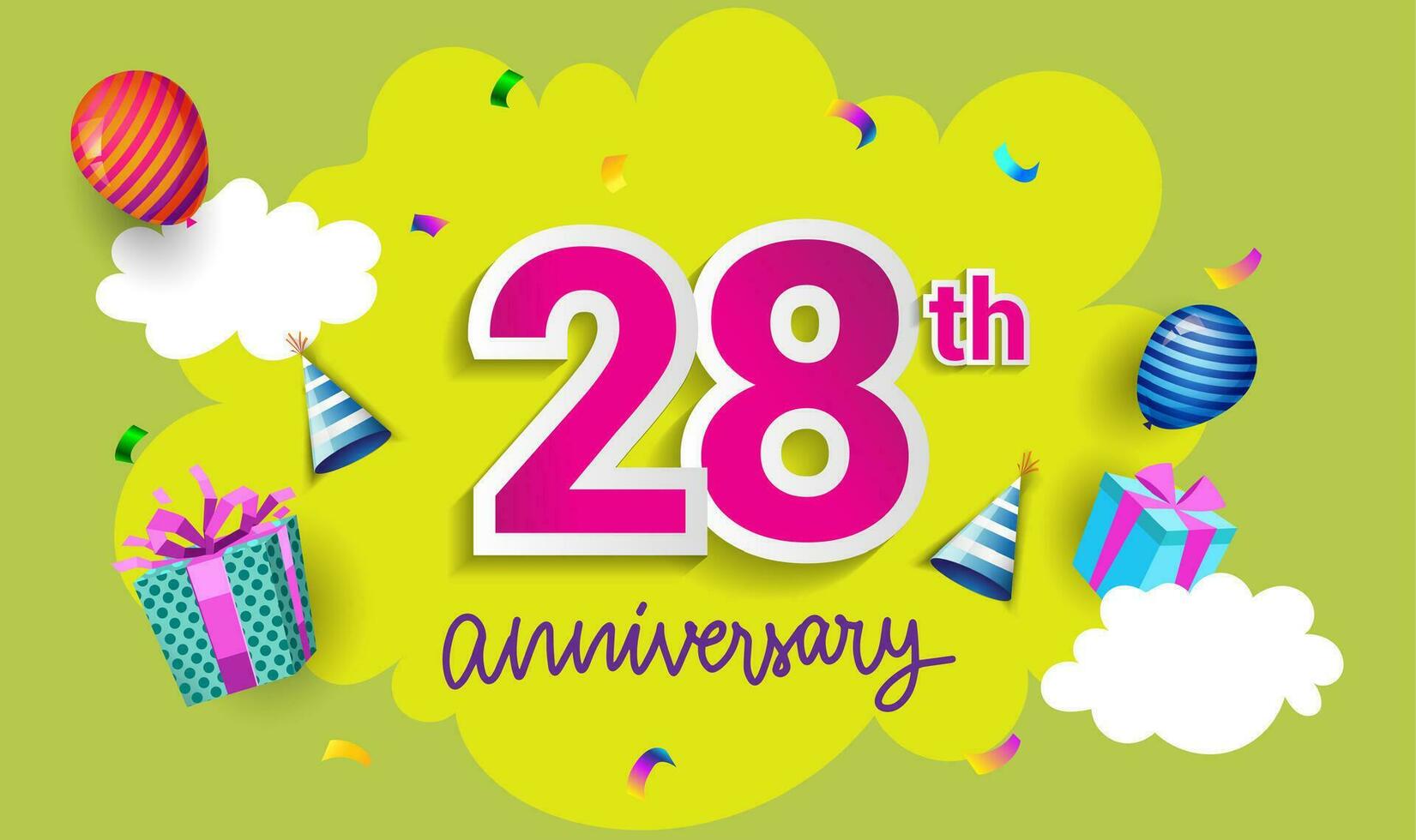 28th anni anniversario celebrazione disegno, con regalo scatola e palloncini, nastro, colorato vettore modello elementi per il tuo compleanno festeggiare festa.