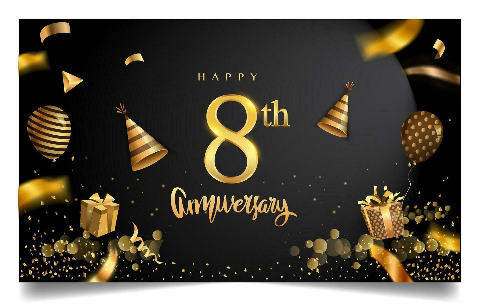 50 ° anni anniversario design per saluto carte e invito, con Palloncino, coriandoli e regalo scatola, elegante design con oro e buio colore, design modello per compleanno celebrazione. vettore