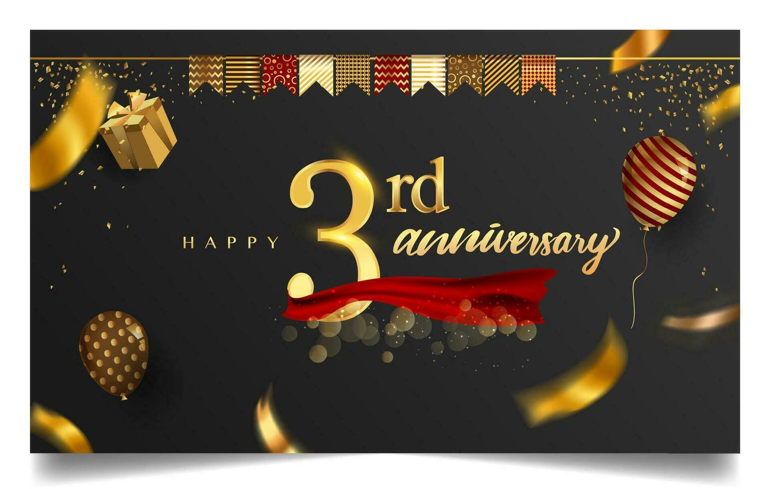 50 ° anni anniversario design per saluto carte e invito, con Palloncino, coriandoli e regalo scatola, elegante design con oro e buio colore, design modello per compleanno celebrazione. vettore