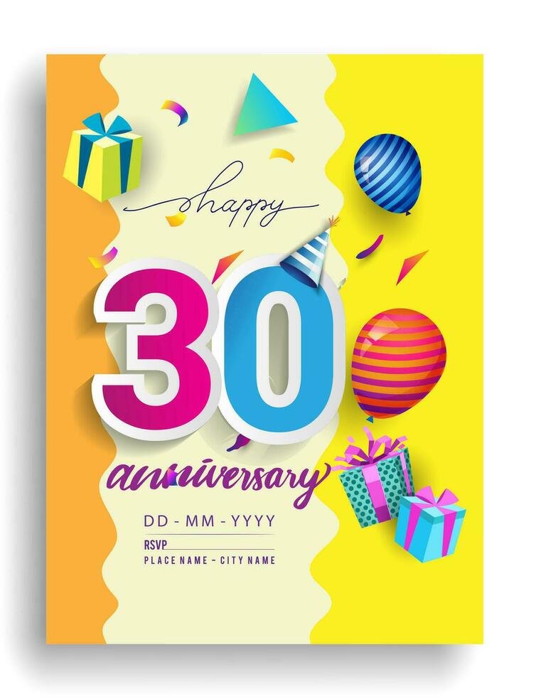 30 anni anniversario invito disegno, con regalo scatola e palloncini, nastro, colorato vettore modello elementi per compleanno celebrazione festa.