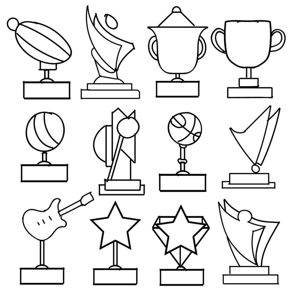 impostato di disegni vincitore trofeo tema scarabocchio collezione nel bianca isolato sfondo vettore