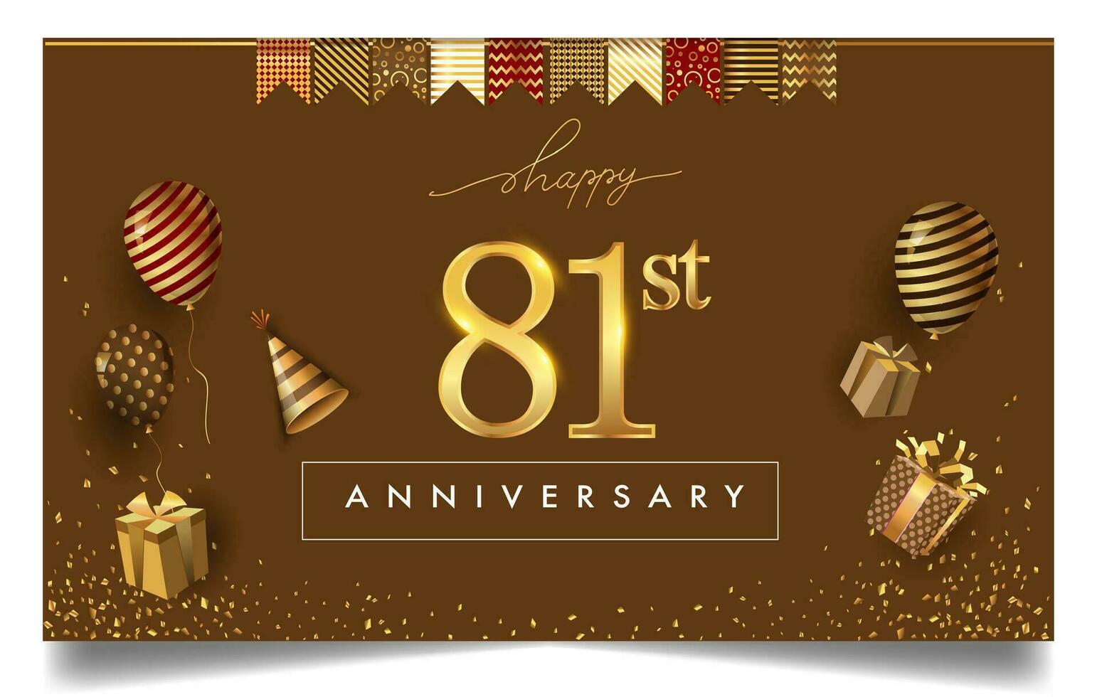 80 ° anni anniversario design per saluto carte e invito, con Palloncino, coriandoli e regalo scatola, elegante design con oro e buio colore, design modello per compleanno celebrazione. vettore