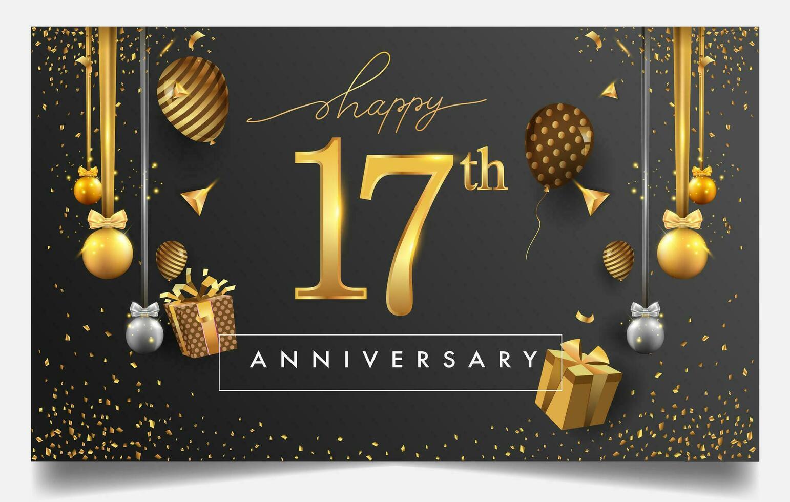 50 ° anni anniversario design per saluto carte e invito, con Palloncino, coriandoli e regalo scatola, elegante design con oro e buio colore, design modello per compleanno celebrazione. vettore