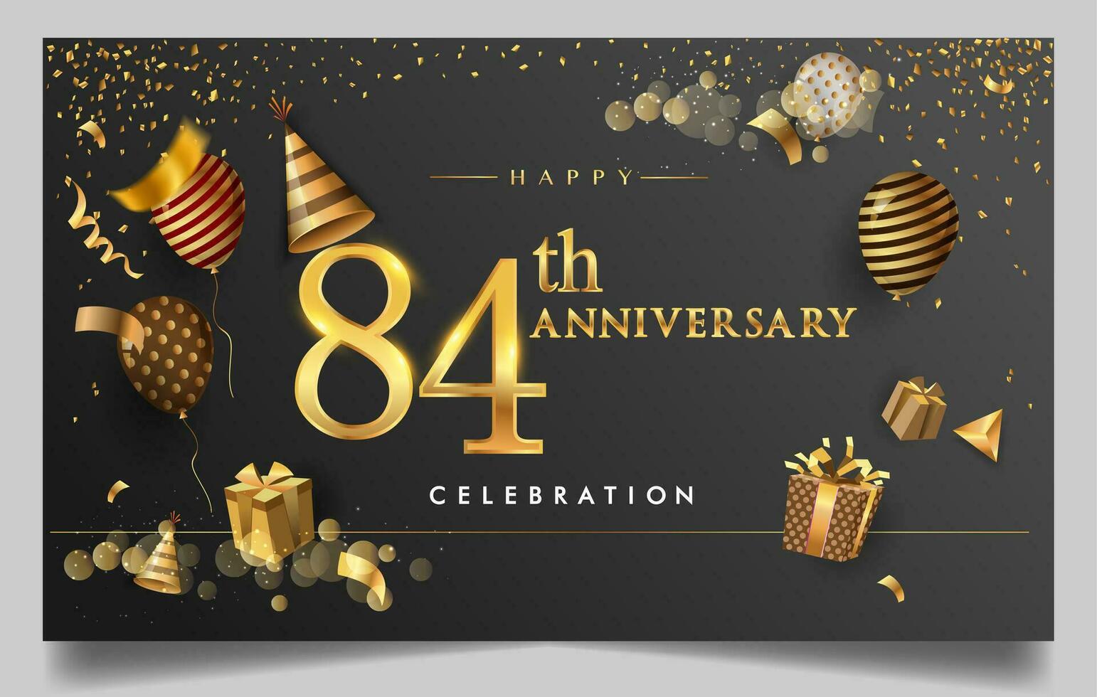 80 ° anni anniversario design per saluto carte e invito, con Palloncino, coriandoli e regalo scatola, elegante design con oro e buio colore, design modello per compleanno celebrazione. vettore