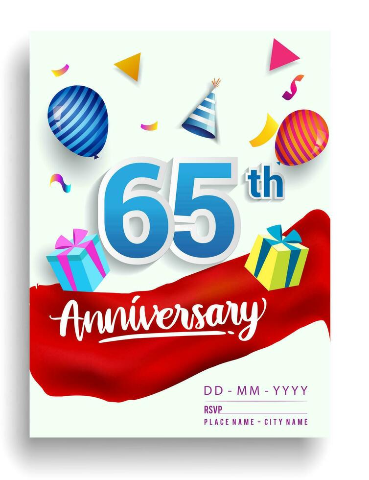 65 ° anni anniversario invito disegno, con regalo scatola e palloncini, nastro, colorato vettore modello elementi per compleanno celebrazione festa.