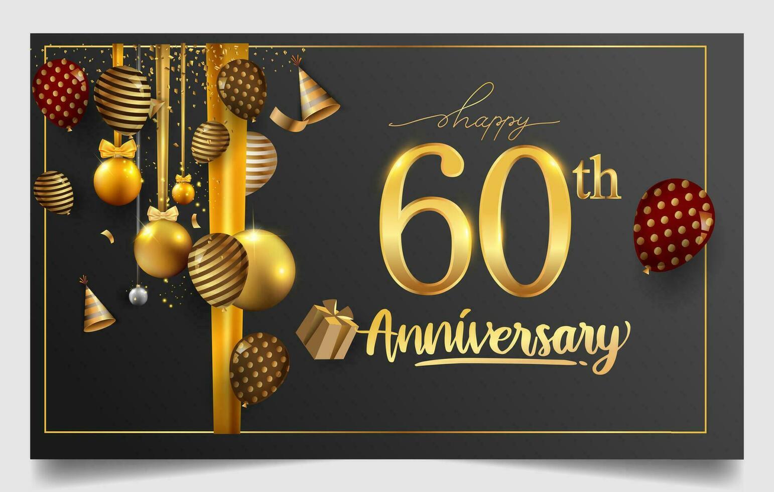 60 ° anni anniversario design per saluto carte e invito, con Palloncino, coriandoli e regalo scatola, elegante design con oro e buio colore, design modello per compleanno celebrazione vettore