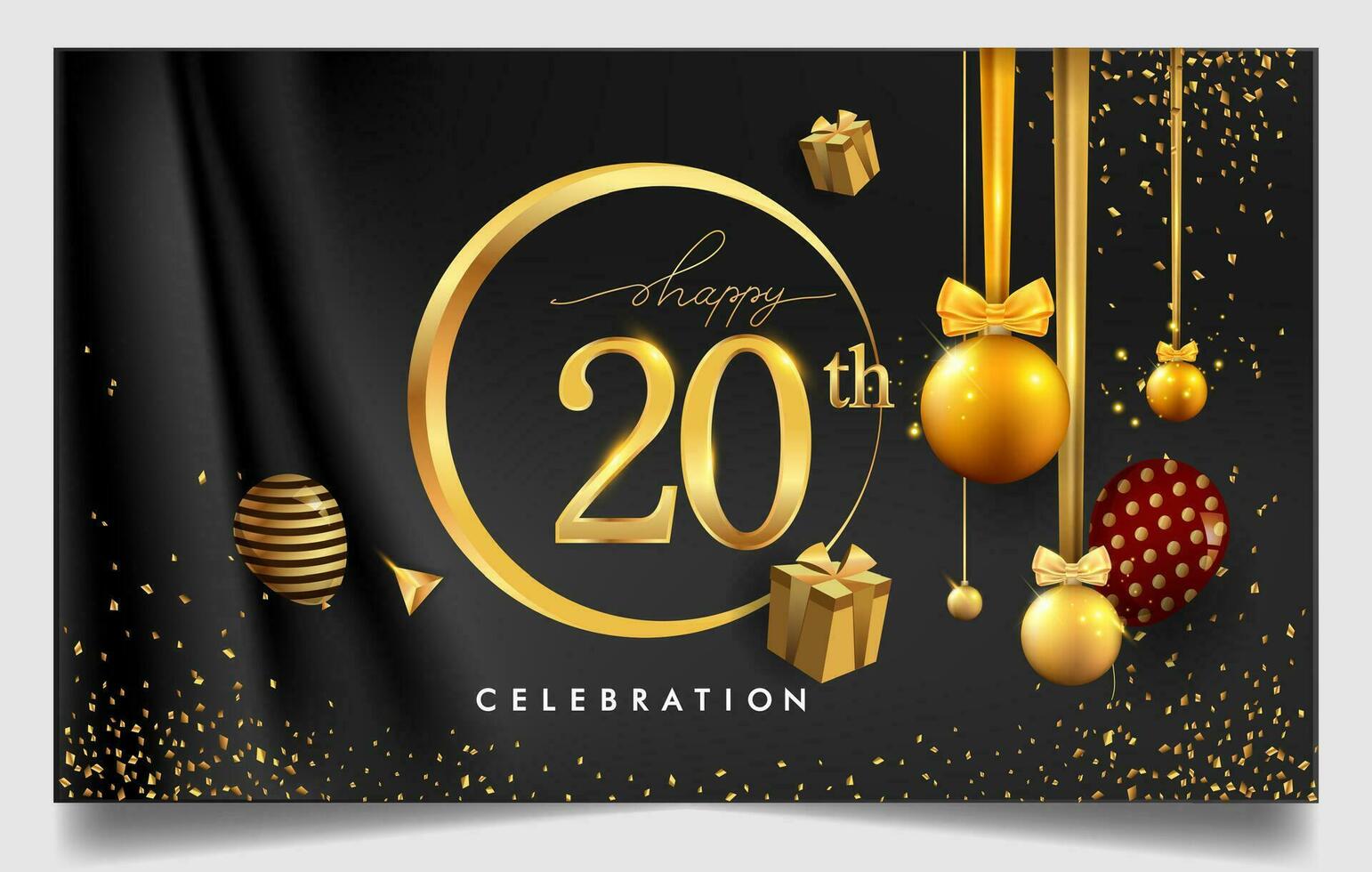 50 ° anni anniversario design per saluto carte e invito, con Palloncino, coriandoli e regalo scatola, elegante design con oro e buio colore, design modello per compleanno celebrazione. vettore