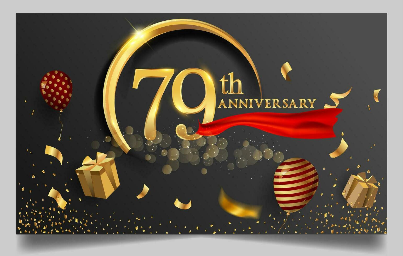 70 ° anni anniversario design per saluto carte e invito, con Palloncino, coriandoli e regalo scatola, elegante design con oro e buio colore, design modello per compleanno celebrazione. vettore