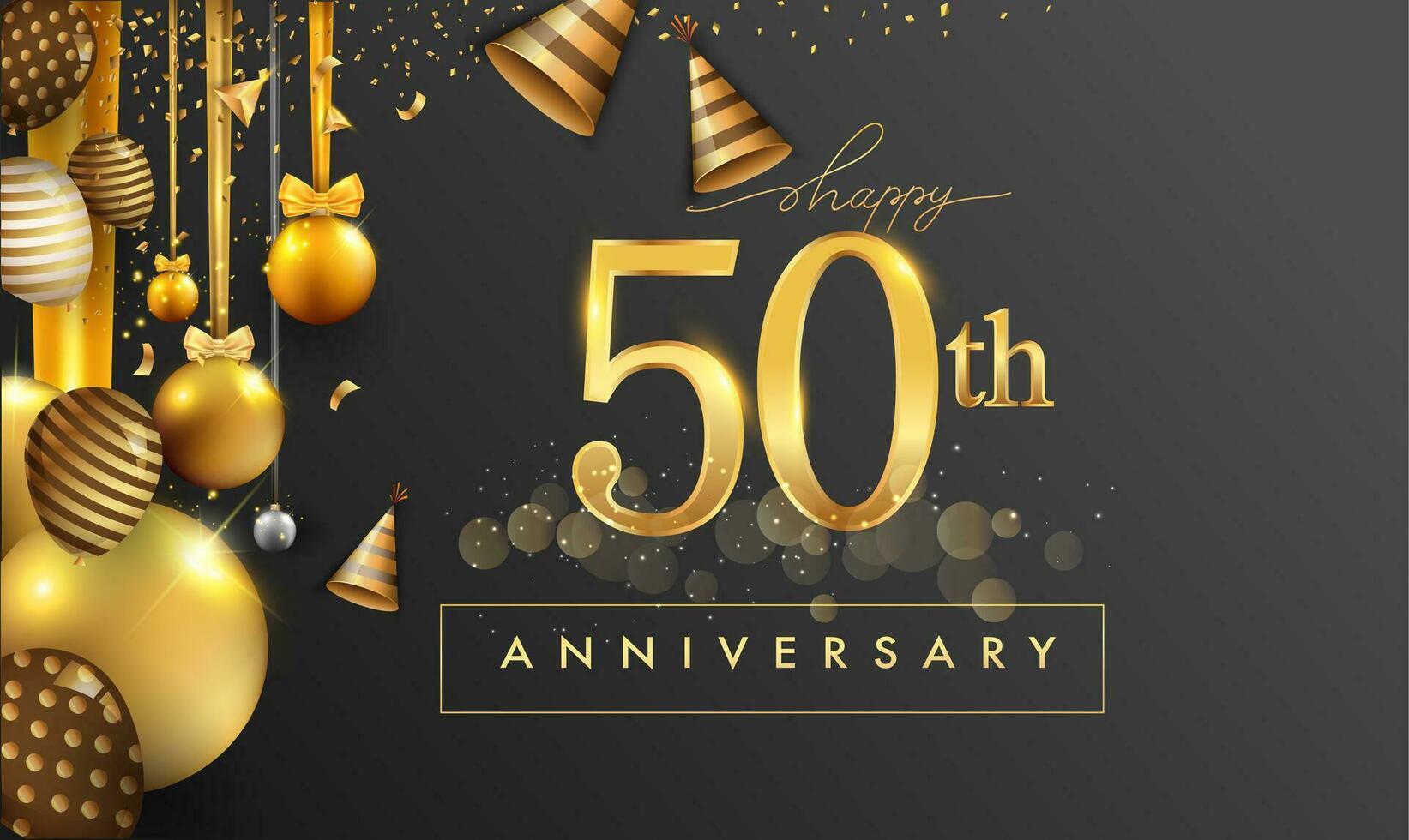 50 ° anni anniversario design per saluto carte e invito, con Palloncino, coriandoli e regalo scatola, elegante design con oro e buio colore, design modello per compleanno celebrazione vettore