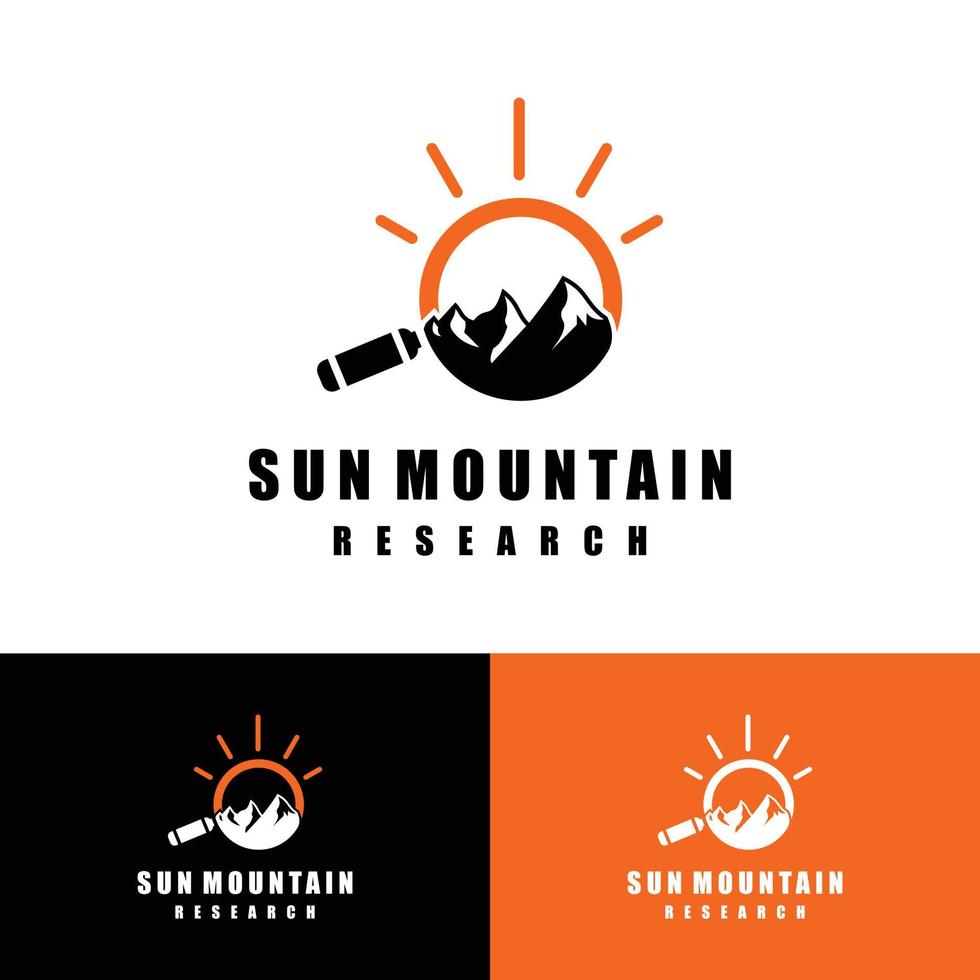 vettore di design del concetto di logo di ricerca e sole di montagna