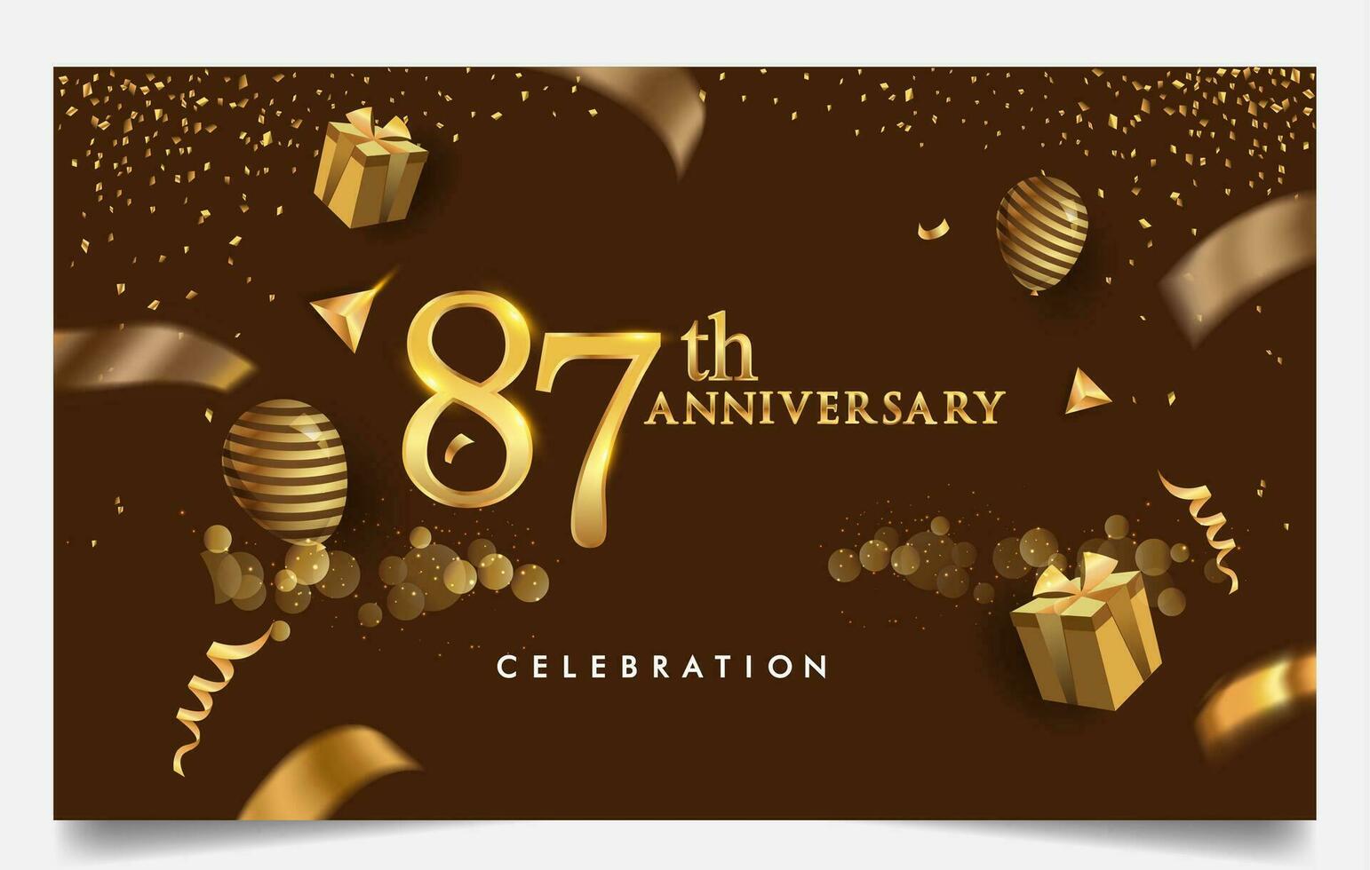 80 ° anni anniversario design per saluto carte e invito, con Palloncino, coriandoli e regalo scatola, elegante design con oro e buio colore, design modello per compleanno celebrazione. vettore