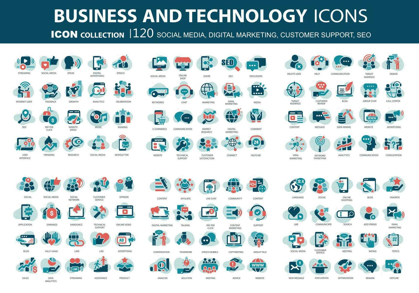 120 attività commerciale, dati analisi, organizzazione gestione icone. sociale media, digitale marketing, cliente supporto e SEO icona impostare. vettore icona collezione